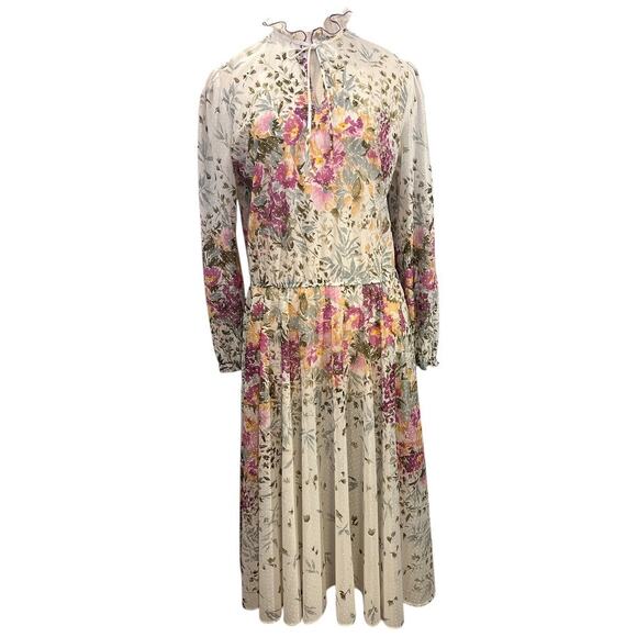 Vintage 70s 80s Semi Sheer Floral Print Secretary Dress M/L Gray White Dot FLAWS - Picture 1 of 9